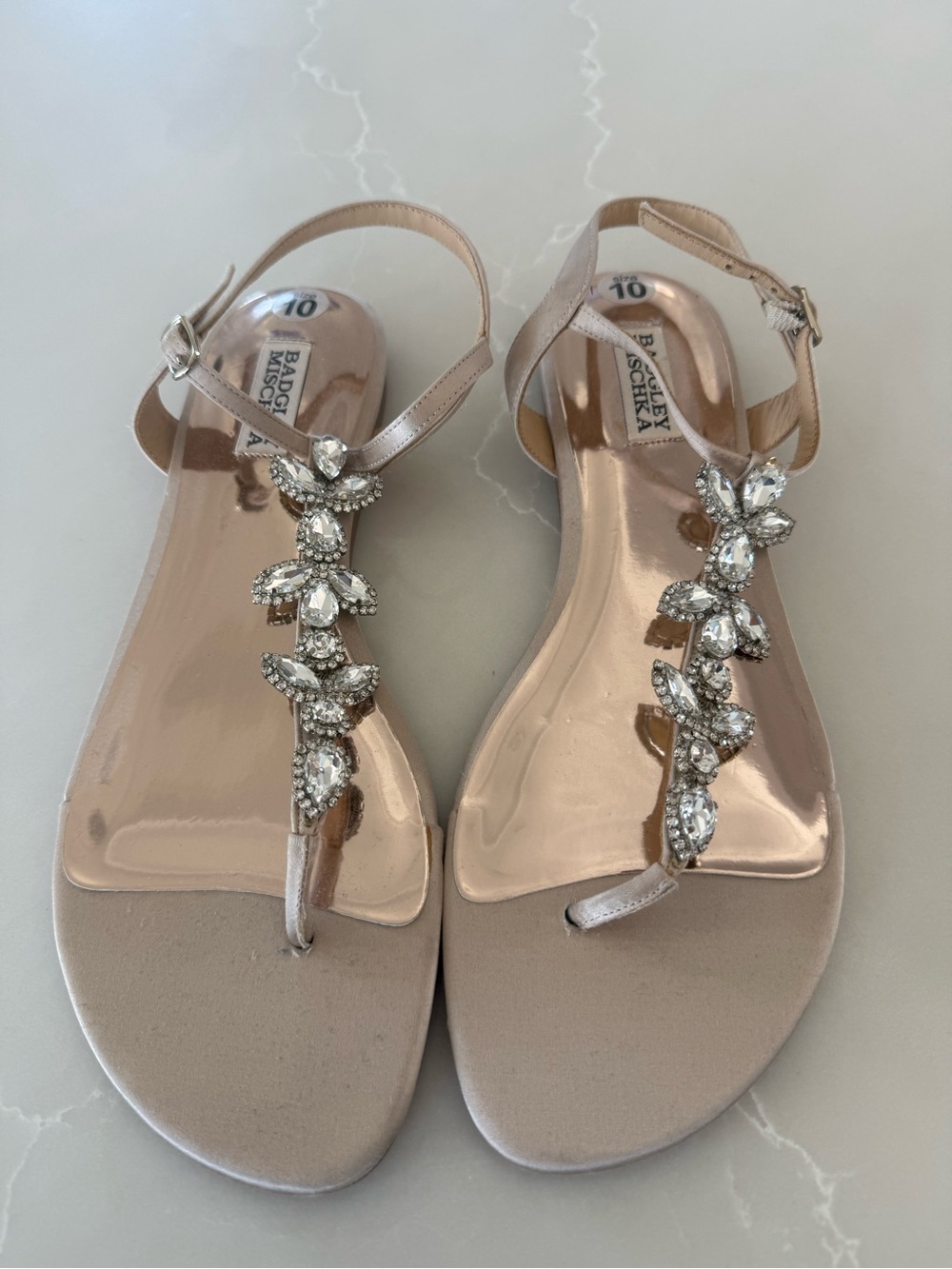Badgley Mischka Cara Champagne Jeweled T-Strap Sandals, Women’s 10